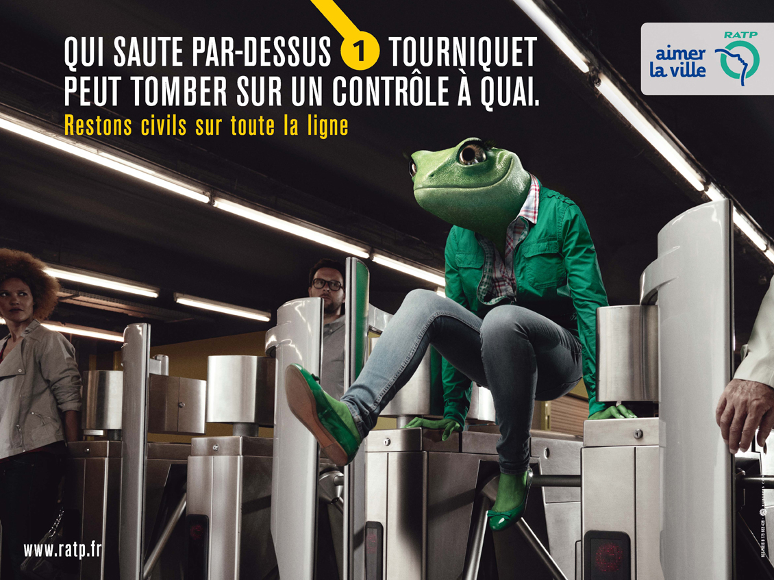Affiche RATP « Restons civils » : la grenouille qui saute au-dessus du portique