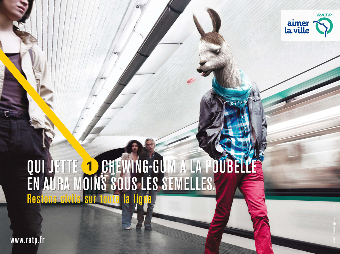 Affiche RATP « Restons civils » : le lama qui crache son chewing-gum par terre