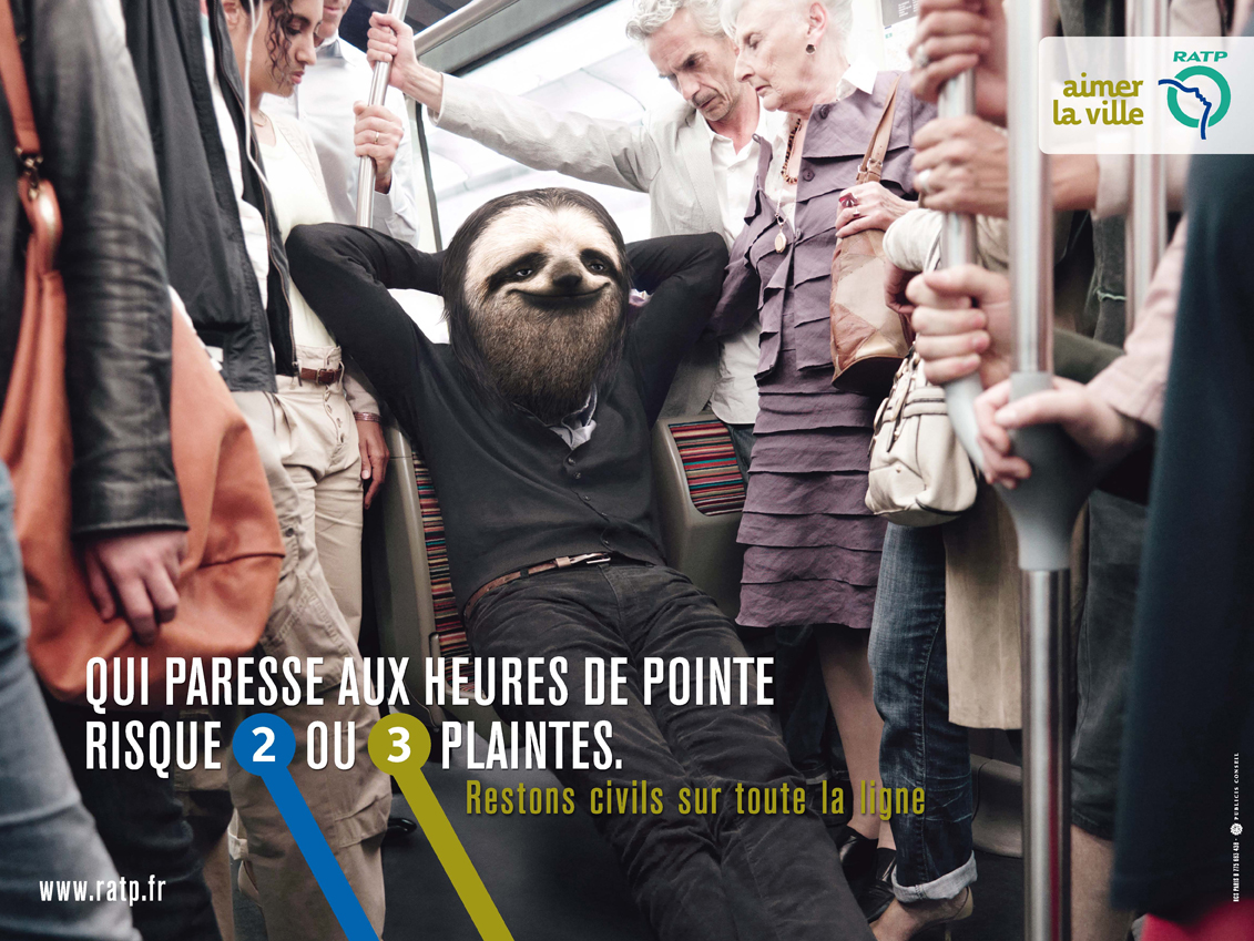 Affiche RATP « Restons civils » : le paresseux qui reste assis dans un métro bondé